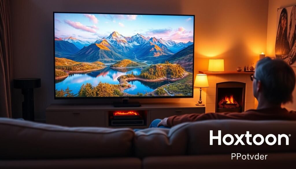 A vibrant 4K IPTV streaming scene featuring a large flat-screen TV displaying a breathtaking nature documentary, with the Hoxtoon Provider logo prominently displayed in the lower right corner. The living room setting is warm and cozy, with soft lighting from table lamps and a fireplace in the background. The viewer is seated comfortably on a plush sofa, immersed in the captivating visuals delivered by the Hoxtoon IPTV service. The atmosphere conveys a sense of relaxation and enjoyment, showcasing the high-quality 4K streaming experience provided by this premier IPTV provider.