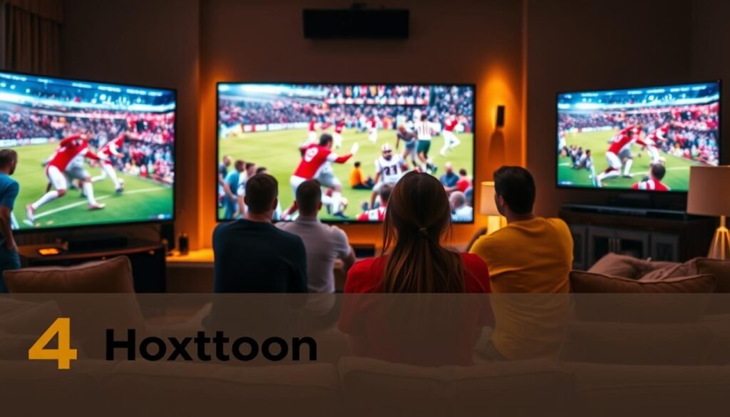 A vibrant 4K live IPTV sports streaming scene, showcasing a dynamic array of sporting events unfolding on a state-of-the-art flat-screen TV. The foreground features the Hoxtoon Provider logo, prominently displayed as the premier IPTV service. In the middle ground, a group of sports enthusiasts are engrossed in the action, their faces illuminated by the vivid 4K display. The background depicts a cozy, well-appointed living room, with plush seating and sophisticated home theater equipment, creating an immersive and luxurious viewing experience. The lighting is warm and ambient, accentuating the high-quality visuals and the excitement of the live sports event. The overall atmosphere conveys the thrill and excitement of 4K live IPTV sports streaming, delivered by the reliable and cutting-edge Hoxtoon Provider.