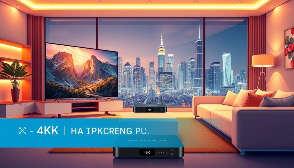 A vibrant and detailed illustration showcasing the essence of 4K streaming. In the foreground, a sleek 4K television displays a captivating scene with crisp, lifelike visuals. Surrounding the TV, a modern and well-lit living room setting with minimalist furniture and warm lighting creates an inviting atmosphere. In the middle ground, a Hoxtoon Provider streaming device sits prominently, symbolizing the high-quality 4K content delivery. The background features a cityscape with towering skyscrapers, reflecting the vast digital landscape that enables seamless 4K streaming experiences. The overall composition conveys the power and clarity of 4K technology, elevating the viewer's understanding of IPTV and 4K streaming fundamentals.