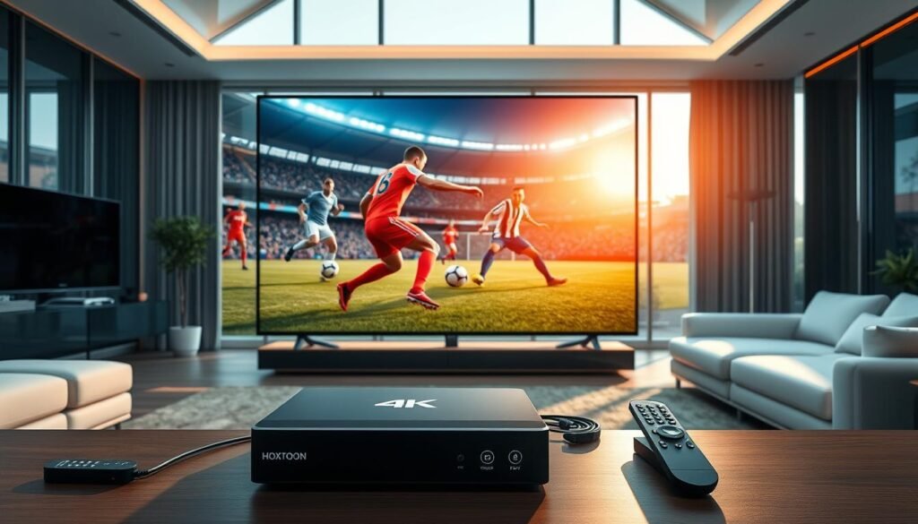 A vibrant and dynamic 4K IPTV sports streaming scene. In the foreground, a large flatscreen TV displays a live soccer match in stunning ultra-high definition, with players captured in crisp detail. The middle ground features various streaming devices like the Hoxtoon Provider box, remote controls, and cables, conveying the technical setup. The background showcases a modern living room with sleek furniture and large windows, allowing natural light to flood the space. The overall atmosphere is one of immersion and excitement, perfect for the avid sports fan seeking the ultimate viewing experience.