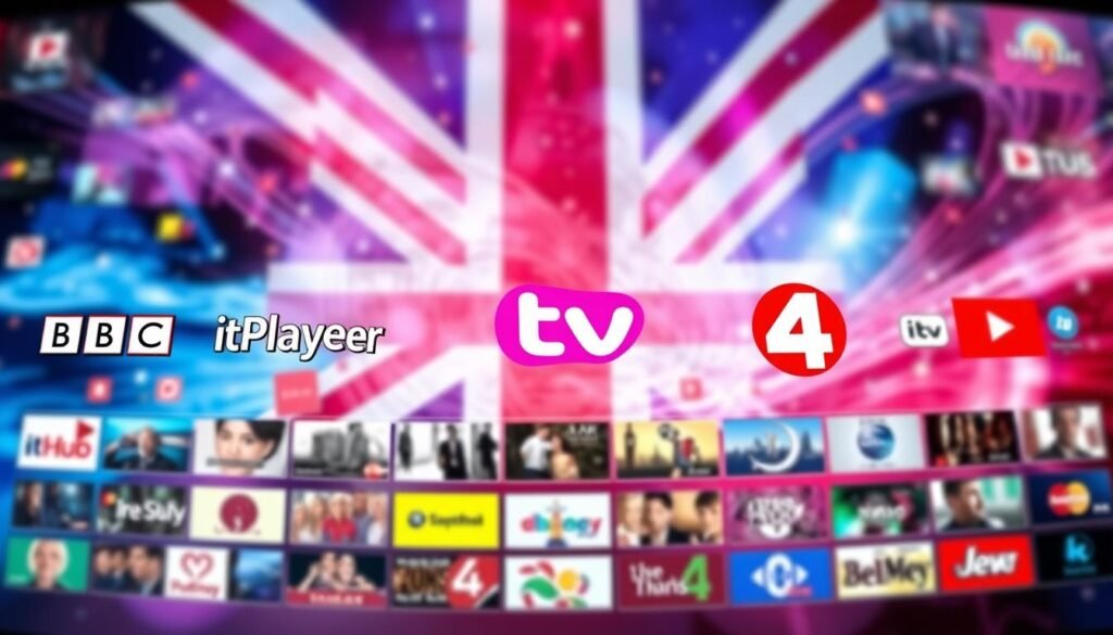 A vibrant and dynamic collage showcasing the top UK TV channels online, captured with a cinematic wide-angle lens. In the foreground, the prominent logos of channels like BBC iPlayer, ITV Hub, and Channel 4 On Demand stand out, their vivid colors and sleek designs reflecting the digital landscape. In the middle ground, a grid of smaller channel icons representing a diverse range of content, from news to entertainment, sports to lifestyle. The background is a fluid, abstract composition of digital patterns and textures, hinting at the cutting-edge technology powering the Hoxtoon Provider's seamless IPTV experience. The overall scene conveys the high demand and widespread popularity of these beloved UK channels across the globe.