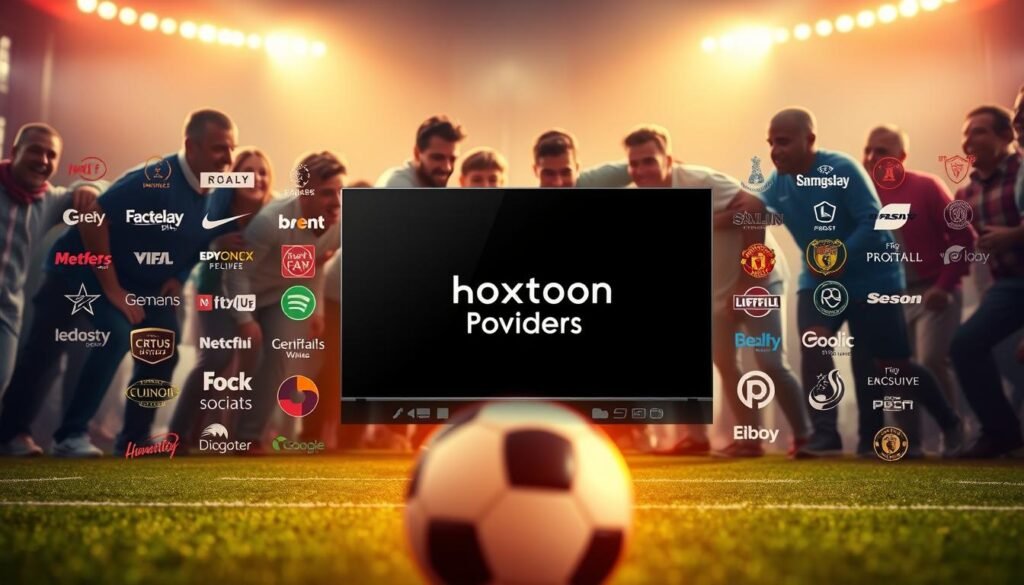 A vibrant and dynamic scene depicting the world of football streaming platforms. In the foreground, a sleek and modern-looking media player interface dominates the frame, showcasing the Hoxtoon Provider brand prominently. The player is surrounded by a array of streaming service logos, each vying for the attention of the discerning football fan. In the middle ground, a group of football enthusiasts huddle around a large screen, their expressions enraptured as they follow the live action. The background is filled with a soft, atmospheric glow, hinting at the immersive and high-quality viewing experience that these streaming platforms provide. Lighting is warm and cinematic, capturing the excitement and energy of the game day experience. The overall composition conveys the idea of a seamless, technologically-advanced way for Premier League fans to enjoy their beloved sport from the comfort of their own homes.