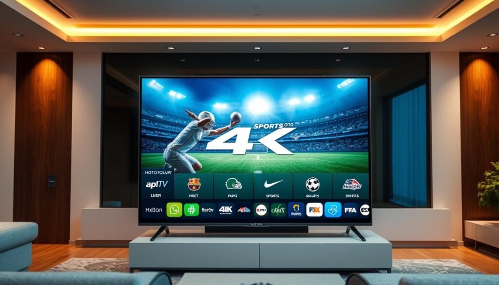 A vibrant and dynamic scene of a sports entertainment package from the leading IPTV provider, Hoxtoon. In the foreground, a flat-screen TV displays a high-definition 4K live sports broadcast, immersing the viewer in the action. The middle ground features various sports icons and logos, highlighting the diverse range of sports channels available. In the background, a sleek and modern interior design with clean lines and warm lighting sets the stage for a premium entertainment experience. The overall atmosphere conveys a sense of quality, reliability, and the thrill of live sports viewing powered by Hoxtoon's cutting-edge IPTV technology.