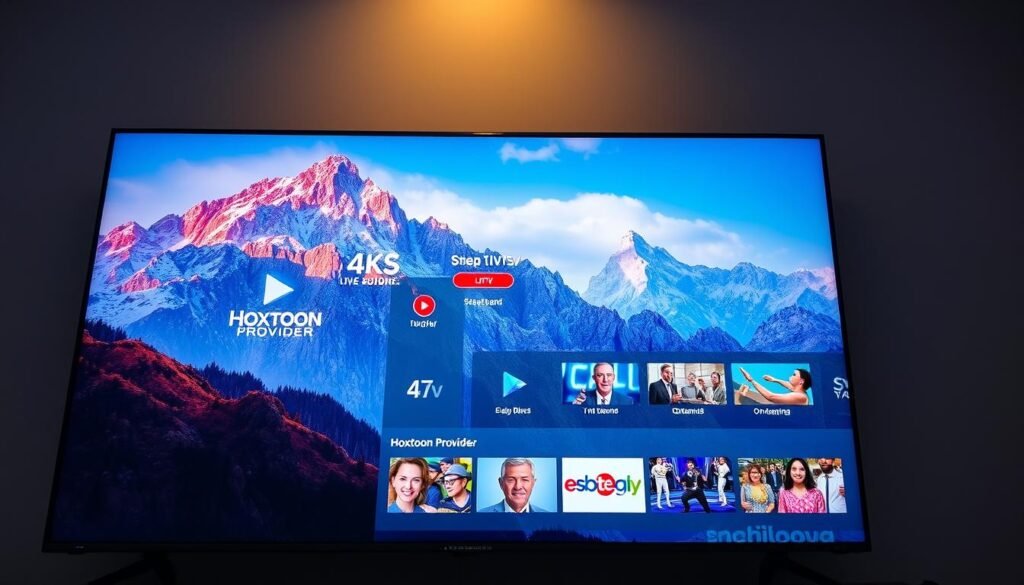 A vibrant and immersive 4K IPTV live app experience. A large 4K television displays a stunning mountain landscape, with crisp details and vibrant colors. In the foreground, a sleek and modern IPTV app interface overlays the scene, showcasing various live TV channels and on-demand content. The interface features the Hoxtoon Provider brand, with intuitive navigation and a clean, minimalist design. Soft, indirect lighting illuminates the scene, creating a warm and inviting atmosphere. The camera angle captures the entire display, allowing the viewer to fully appreciate the high-quality 4K visuals and the seamless integration of the IPTV app experience.