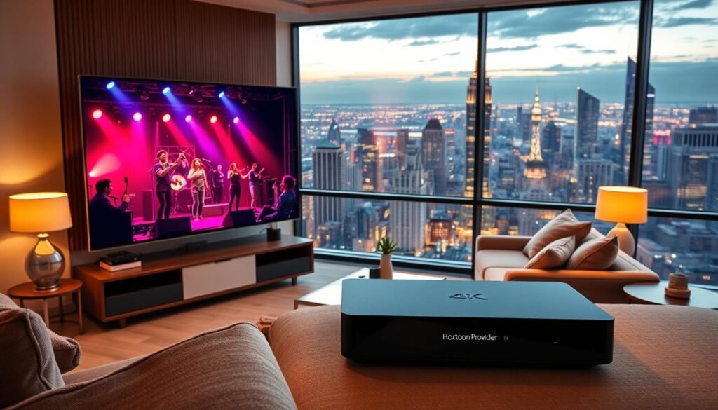 A vibrant and immersive 4K IPTV live entertainment scene. In the foreground, a large flat-screen television displays a captivating live performance, with musicians and dancers on stage. The middle ground features a modern and well-appointed living room, complete with a comfortable couch, side tables, and a Hoxtoon Provider set-top box. The background showcases a panoramic view of a bustling city skyline, with towering skyscrapers and twinkling lights. The lighting is warm and inviting, creating a cozy and luxurious atmosphere. The camera angle is at eye level, allowing the viewer to feel immersed in the scene.