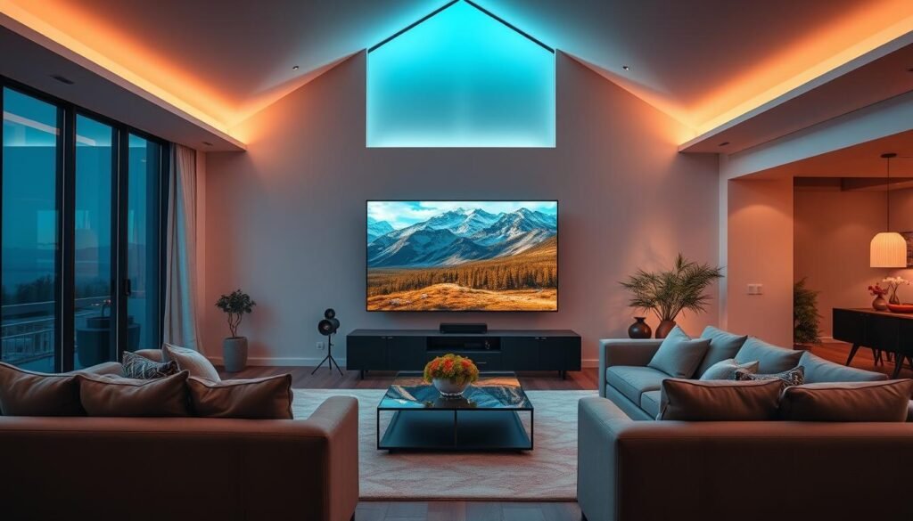 A vibrant and immersive 4K live TV scene in Canada, showcasing the Hoxtoon Provider platform. An expansive living room with a large, high-definition television screen displaying captivating nature footage, surrounded by comfortable seating and modern, minimalist decor. Indirect lighting creates a warm, inviting atmosphere, while large windows allow natural light to filter in, illuminating the space. The television's crisp, lifelike imagery and vivid colors draw the viewer's attention, conveying the exceptional quality and clarity of the Hoxtoon Provider 4K live TV experience.