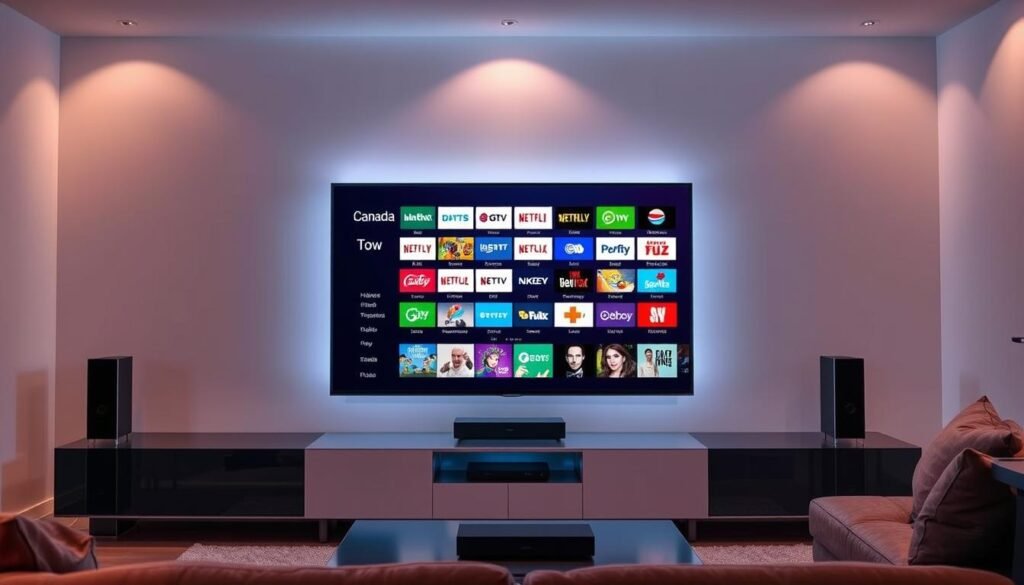 A vibrant and modern home entertainment setup with a large 4K television displaying the Hoxtoon Provider IPTV service, showcasing a diverse array of live TV channels from across Canada. The television is surrounded by sleek, minimalist home theater components, creating a clean and sophisticated look. Soft, indirect lighting illuminates the scene, casting a warm and inviting glow. The overall atmosphere conveys the seamless integration of advanced technology and a comfortable living space, highlighting the effortless enjoyment of high-quality, 4K live streaming from the Hoxtoon Provider IPTV platform.