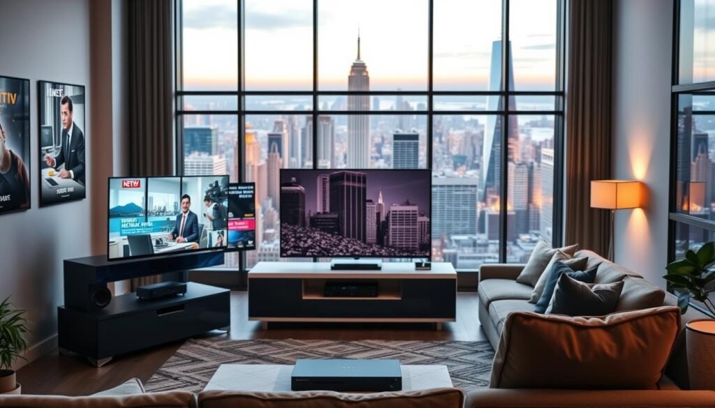 A vibrant and modern scene showcasing the Hoxtoon Provider IPTV service. In the foreground, a sleek smart TV displays a crisp 4K live news feed, its sophisticated interface highlighting Hoxtoon's user-friendly design. Behind it, a meticulously crafted home entertainment setup, with high-end audio equipment and a minimalist entertainment center. The middle ground features a stylish living room, with plush seating and subtle accent lighting, creating a cozy and immersive viewing experience. In the background, large windows offer a panoramic view of a bustling city skyline, reflecting Hoxtoon's position as a leading IPTV provider in the USA. The overall composition conveys a sense of modernity, quality, and the seamless integration of cutting-edge technology into the modern home.