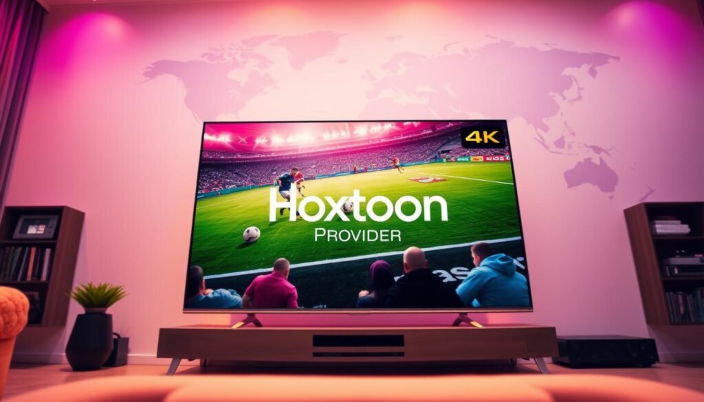 A vibrant and visually captivating 4K IPTV service scene. In the foreground, a modern smart TV displays a 4K live broadcast of an international soccer match, its crisp, high-definition imagery and vivid colors drawing the viewer in. The middle ground features the Hoxtoon Provider logo, a sleek and minimalist design that conveys the sophistication of the 4K IPTV service. In the background, a world map subtly hints at the global reach and diverse channel offerings of the Hoxtoon IPTV platform. The lighting is warm and inviting, creating a sense of comfort and immersion, while the camera angle provides a dynamic and engaging perspective. The overall mood is one of excitement, entertainment, and the seamless integration of cutting-edge technology into the modern living space.
