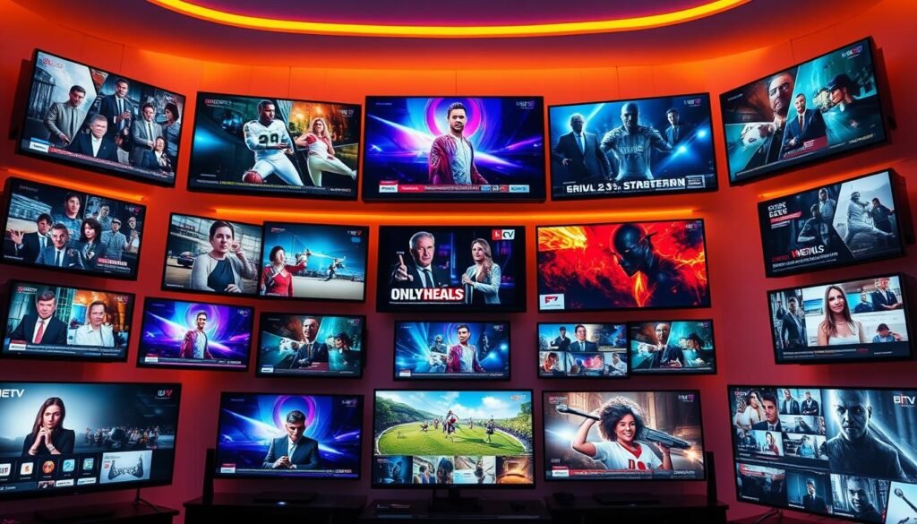 A vibrant array of IPTV channels displayed on sleek, futuristic television screens, showcasing the evolution from traditional cable to the modern Hoxtoon Provider's 4K live streaming experience. The screens are arranged in a dynamic, immersive layout, illuminated by warm, ambient lighting that creates a sense of technological sophistication. The channels feature a diverse range of content, from news and entertainment to sports and documentaries, reflecting the breadth of the Hoxtoon Provider's diverse offerings. The overall scene conveys the seamless transition from the past to the present, highlighting the convenience and enhanced visual quality of IPTV technology.