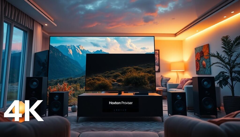 A vibrant, cinematic 4K landscape showcasing the power of Hoxtoon Provider's cutting-edge streaming technology. In the foreground, a high-resolution display commands attention, its screen filled with a captivating nature documentary, the details and colors so lifelike they seem to leap off the screen. In the middle ground, a sleek, modern entertainment system with the Hoxtoon Provider logo prominently displayed, surrounded by immersive surround sound speakers. The background depicts a cozy, well-appointed living room, the warm glow of mood lighting and the plush textures of the furnishings creating a sense of comfort and luxury. The overall scene exudes a sense of cinematic grandeur, showcasing the transformative power of 4K streaming that Hoxtoon Provider delivers.