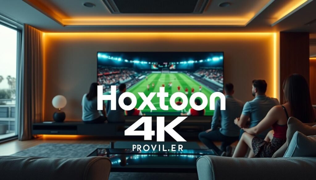 A vibrant, cinematic 4K live IPTV scene showcasing the latest soccer match on a large, high-resolution screen. In the foreground, the Hoxtoon Provider logo is prominently displayed, reflecting the premium quality of the streaming service. The middle ground features a group of passionate soccer fans intently watching the game, their expressions conveying the intensity of the moment. In the background, a dimly lit, modern living room setting with sleek, minimalist furniture creates a cozy, immersive atmosphere. Dramatic lighting casts a warm glow, accentuating the details of the 4K image and the excitement of the viewers. The overall scene captures the revolutionary impact of 4K technology on the soccer viewing experience.