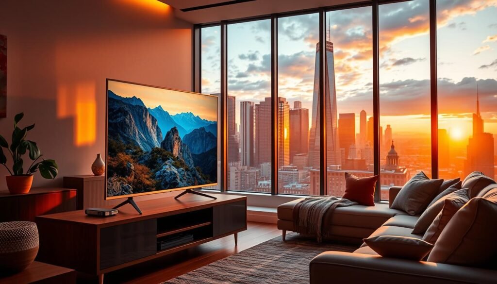 A vibrant, cinematic 4K resolution streaming scene showcasing the Hoxtoon Provider brand. In the foreground, a sleek smart TV rests on a modern media console, its screen displaying a vivid, high-definition nature documentary. The middle ground features a comfortable living room setting, with plush furniture and ambient lighting creating a cozy atmosphere. In the background, a large window overlooks a picturesque cityscape, the skyscrapers and skyline bathed in warm, golden hour light. The entire composition exudes a sense of premium, immersive entertainment, capturing the essence of "Premium IPTV 4K Live Streaming" from the Hoxtoon Provider.