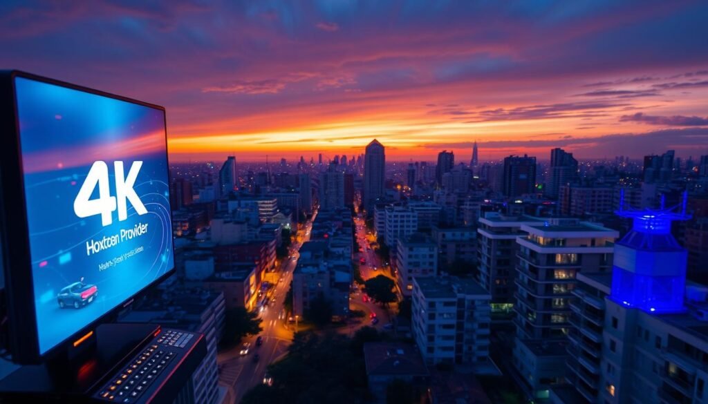A vibrant cityscape illuminated by the evolution of IPTV services, with the iconic Hoxtoon Provider logo prominently displayed. In the foreground, a sleek, futuristic control panel showcases the latest 4K streaming capabilities, casting a warm glow over the bustling streets below. The middle ground features a diverse array of residential and commercial buildings, each equipped with satellite dishes and antennas, symbolizing the widespread adoption of IPTV technology. In the background, a stunning sunset paints the sky with hues of orange and purple, creating a sense of progress and innovation. The scene is captured through a high-angle lens, conveying a sense of growth and optimism for the future of IPTV services in the United States.