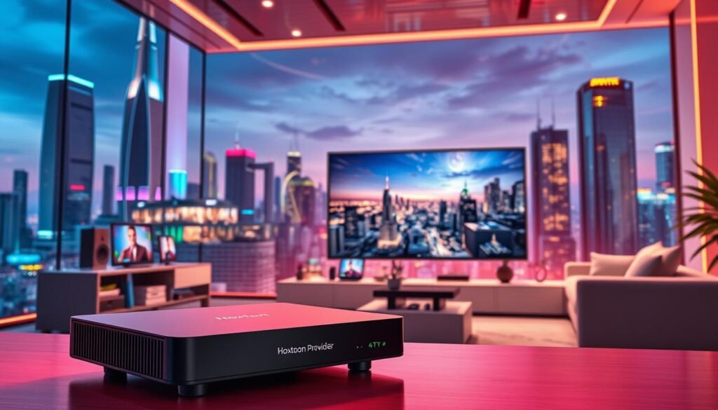 A vibrant, futuristic scene depicting the concept of IPTV streaming services. In the foreground, a sleek, high-tech set-top box labeled "Hoxtoon Provider" stands prominently, its display showcasing a diverse array of live TV channels and on-demand content. The middle ground features a modern living room, with a large 4K television screen displaying a crisp, immersive live stream. Surrounding the television, various digital devices, such as smartphones and tablets, showcase the seamless integration of IPTV technology. The background is a striking cityscape, with towering skyscrapers and a vibrant, neon-lit skyline, symbolizing the futuristic and urban nature of IPTV. The scene is bathed in a warm, inviting light, conveying a sense of innovation and the promise of a new era in television viewing.