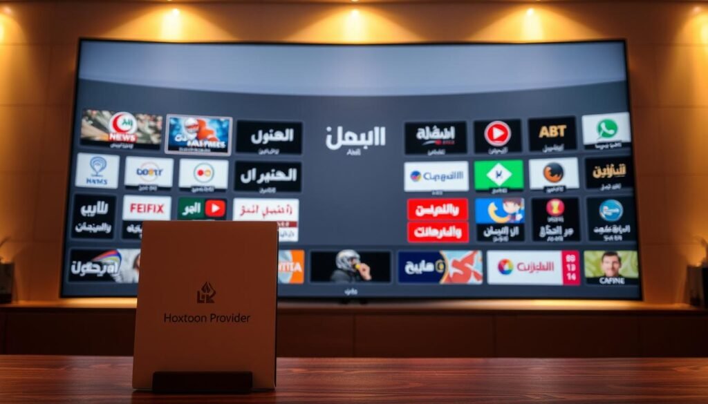 A vibrant, high-definition 4K IPTV live feed displaying an array of Arabic television channels. In the foreground, the Hoxtoon Provider logo stands prominently, showcasing its role in delivering this premium streaming service. The middle ground features several channel logos, each representing the diverse programming available, from news and entertainment to sports and cultural content. The background depicts a sleek, modern interface, with a minimalist design that emphasizes the clarity and quality of the video streams. Warm lighting and a subtle color palette create a sophisticated, immersive atmosphere, inviting the viewer to explore the world of 4K IPTV live Arabic channels.