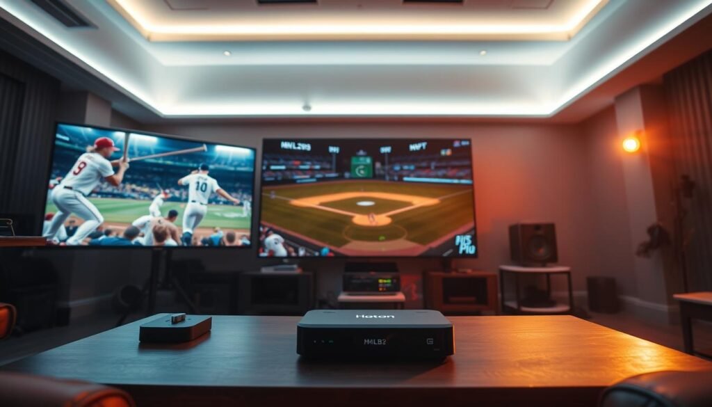 A vibrant, immersive scene of an MLB live stream, captured in stunning 4K resolution. In the foreground, a large, high-definition display showcases the latest baseball action, its crisp visuals and dynamic camera angles drawing the viewer in. The middle ground features a sleek, modern media setup, complete with a Hoxtoon Provider streaming device and high-end audio equipment, reflecting the evolution of MLB broadcasting. In the background, a dimly lit, high-tech entertainment space sets the scene, with mood lighting and minimalist decor creating a cozy, cinematic atmosphere for the ultimate viewing experience.