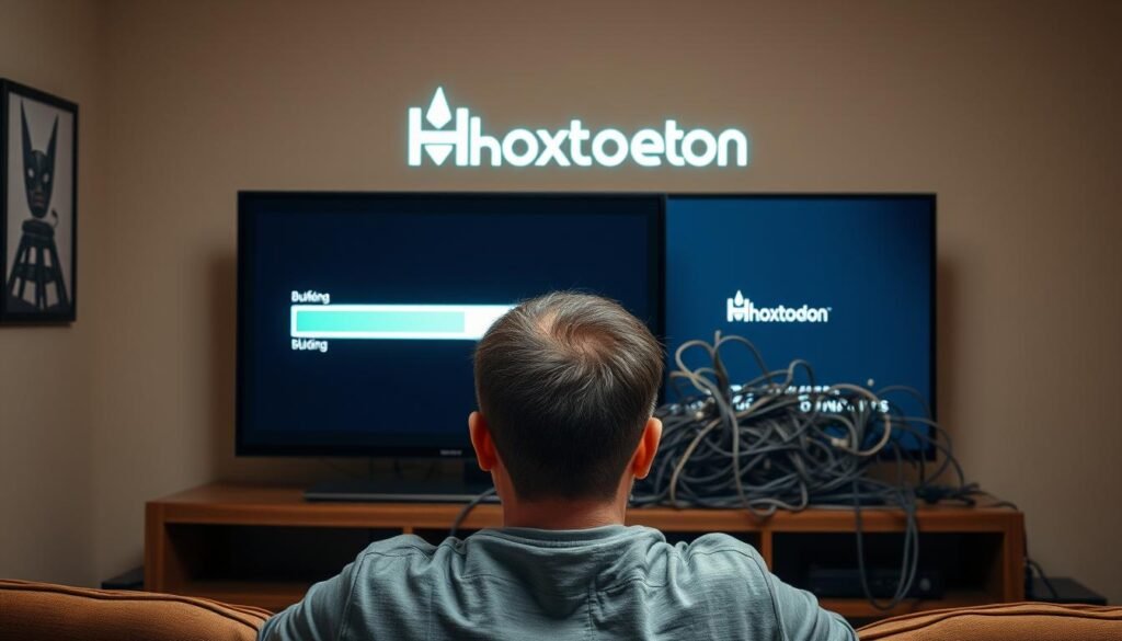 A visualization of a frustrated user experiencing IPTV buffering issues. In the foreground, a person sitting in front of a television set, expression of exasperation on their face as the screen displays a perpetual buffering icon. In the middle ground, a tangled mess of cables and wires, representing the technological complexities of IPTV systems. In the background, the Hoxtoon Provider logo, a symbol of the IPTV service provider responsible for delivering the content. The scene is lit with a warm, slightly muted lighting, creating a sense of tension and frustration. The composition emphasizes the user's struggle with the unreliable IPTV experience.