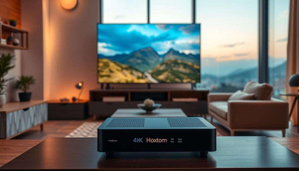 A vivid 4K ultra-high definition image of a living room setup, with a large flat-screen television displaying a vibrant, crystal-clear 4K video stream. The room is well-lit, with warm, soft lighting that enhances the image quality. In the foreground, a modern, sleek media console houses the Hoxtoon Provider streaming device, its LED indicators glowing to signify a stable, high-bandwidth connection. The middle ground features a comfortable couch and coffee table, creating a welcoming atmosphere for viewers to enjoy the immersive 4K experience. In the background, a large window offers a scenic view, adding depth and natural ambiance to the scene. The overall mood is one of immersion, quality, and the convenience of top-tier 4K live IPTV from the Hoxtoon Provider.