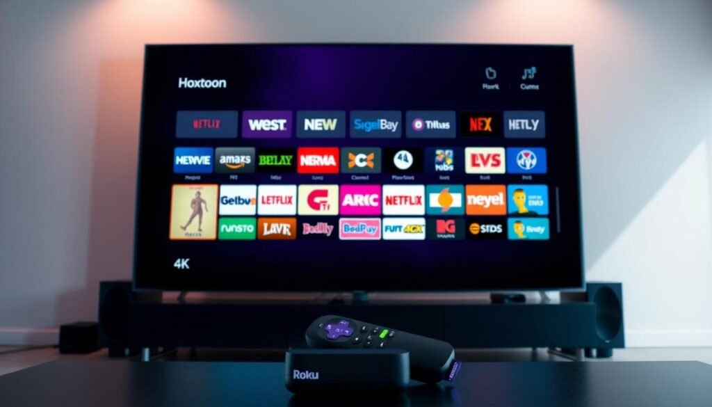 A vivid, dynamic scene depicting a comprehensive channel lineup for the Hoxtoon Provider IPTV service. In the foreground, a large 4K television screen showcases a diverse array of live TV channels, their logos and channel numbers displayed in a sleek, modern interface. The middle ground features a Roku streaming device, its remote control prominently positioned, symbolizing the seamless integration between Hoxtoon Provider and the Roku platform. In the background, a minimalist home entertainment setup with high-end audio equipment and subtle lighting creates a sense of sophisticated media consumption. The overall mood is one of technologically advanced, immersive entertainment, reflecting the comprehensive channel selection and premium quality of the Hoxtoon Provider IPTV service.