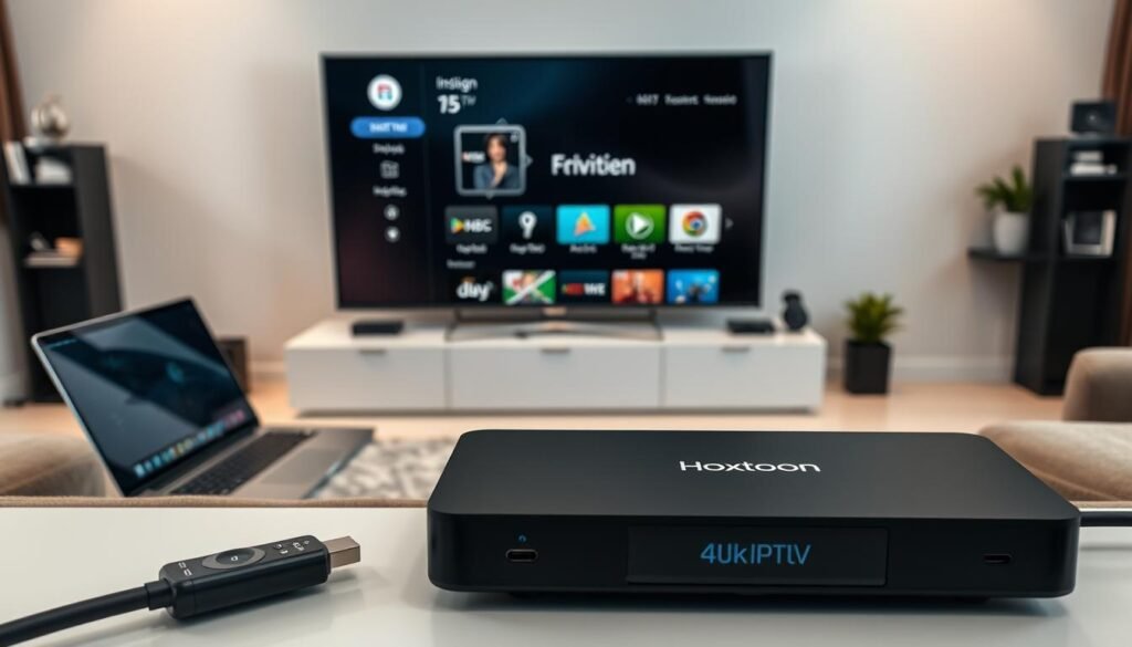 A well-lit, high-angle view of a 4K IPTV streaming setup, showcasing the Hoxtoon Provider interface on a large, high-resolution display. In the foreground, a sleek, modern streaming device is prominently featured, connected to a high-quality HDMI cable. The middle ground depicts a tidy, organized workspace with a laptop, remote control, and other peripherals. The background features a minimalist, neutral-toned home entertainment setup, creating a sense of sophistication and technology-driven comfort. The overall scene conveys a seamless, immersive 4K IPTV viewing experience powered by the reliable Hoxtoon Provider.