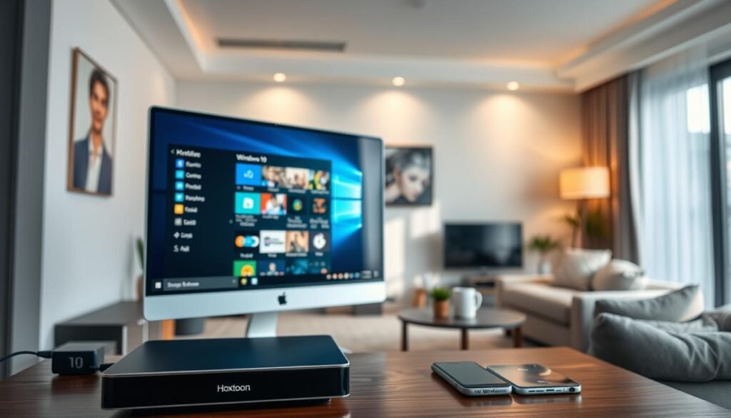 A well-lit, high-resolution desktop scene with a Windows 10 operating system interface prominently displayed on a large, modern monitor. In the foreground, a Hoxtoon Provider branded set-top box is connected to the computer, showcasing the 4K IPTV streaming capabilities. The middle ground features an array of smart devices, including a smartphone and tablet, suggesting the multi-platform accessibility of the Hoxtoon IPTV service. The background depicts a cozy, minimalist living room setting, conveying a comfortable, immersive viewing experience. Soft, indirect lighting and neutral tones create a serene, ambient atmosphere, highlighting the technological sophistication and seamless integration of the 4K IPTV system.