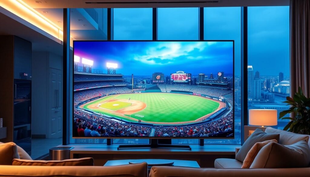 A well-lit, high-resolution display showcases a captivating MLB game in stunning 4K clarity. In the foreground, a sleek, modern television commands attention, its screen brimming with vibrant colors and crisp details. The middle ground features a comfortable living room setting, with plush seating and ambient lighting that creates a cozy, immersive atmosphere. In the background, a large window offers a glimpse of a bustling city skyline, hinting at the power and reach of the Hoxtoon Provider's high-quality IPTV service that enables this premium viewing experience.