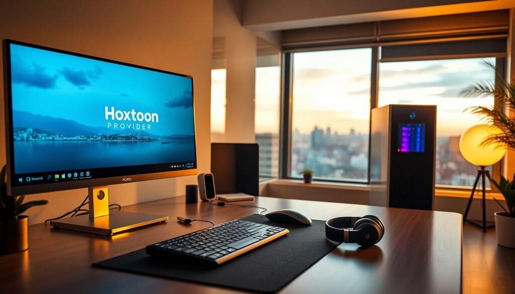 A well-lit, modern home office setup with a high-end desktop computer and a 4K display, showcasing the Hoxtoon Provider streaming service on the screen. The desk is organized, with a sleek keyboard, mouse, and a pair of premium headphones. The lighting is warm and soft, creating a cozy and productive atmosphere. The background features a large window overlooking a scenic cityscape, hinting at the potential for immersive 4K viewing experiences. The composition emphasizes the seamless integration of 4K technology into the daily workflow, highlighting the essential requirements for an enjoyable 4K live IPTV experience on Windows.