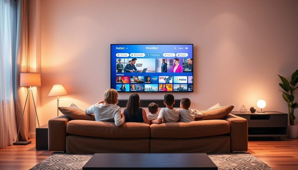 A well-lit, modern living room with a large flat-screen TV displaying the Hoxtoon Provider IPTV interface. A family of four - parents and two children - comfortably seated on a plush sofa, engrossed in the 4K ultra-high-definition content. Warm lighting from floor lamps and a sleek, minimalist entertainment center set the mood. The room exudes a sense of togetherness and digital-age entertainment, capturing the evolution of family TV viewing.