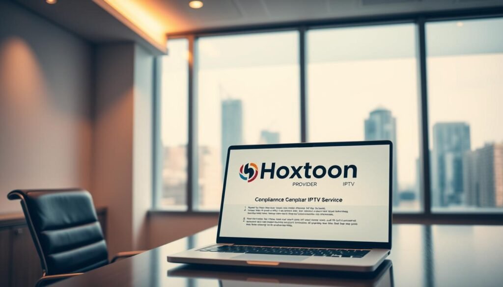 A well-lit office interior, with a desk, chair, and a large window overlooking a cityscape. On the desk, a laptop displays the "Hoxtoon Provider" IPTV service logo and compliance information. Warm, indirect lighting casts a professional atmosphere. The angle is slightly elevated, capturing the desktop and the cityscape in the background. The mood is one of legal compliance and responsible IPTV service provision.