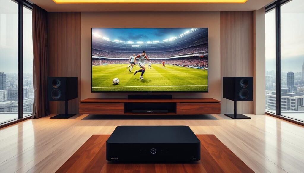 A wide-angle, high-resolution 4K image showcasing a modern, sleek home entertainment setup. In the foreground, a large 65-inch 4K television displays a Premier League soccer match in vivid detail. The television is mounted on a minimalist, floating media console in a dark walnut finish. Surrounding the television are a high-end Hoxtoon Provider IPTV box and a state-of-the-art surround sound system with sleek black speakers. The scene is bathed in warm, even lighting, creating a cozy, immersive atmosphere. In the background, a large window offers a panoramic view of a cityscape, highlighting the 4K quality of the IPTV feed. The overall scene conveys the premium, cinematic experience of watching Premier League matches in stunning 4K resolution through a Hoxtoon Provider IPTV service.