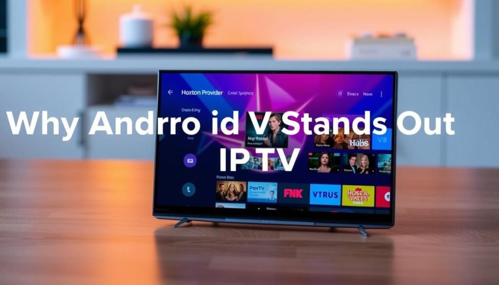 An Android TV device with a sleek, modern design, displaying the Hoxtoon Provider streaming service interface. The device is positioned on a minimalist, wood-grain surface, bathed in warm, soft lighting that creates a cozy, inviting atmosphere. The interface showcases vibrant 4K video content, with clean graphics and intuitive navigation, reflecting the seamless IPTV experience. The scene conveys a sense of technological sophistication and entertainment, perfectly aligning with the "Why Android TV Stands Out for IPTV Services" section of the article.