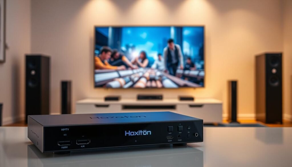An advanced 4K IPTV system displaying the Hoxtoon Provider brand on a sleek, modern control panel. In the foreground, a high-resolution streaming device with multiple HDMI ports. The middle ground showcases a 4K television screen playing a crisp, vibrant movie scene. The background features a minimalist home theater setup with surround sound speakers and carefully placed lighting to create a cinematic ambiance. The overall composition conveys the power and sophistication of 4K Live IPTV technology for an immersive movie-watching experience.