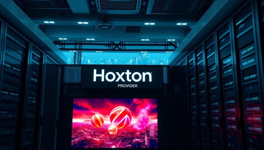 An aerial view of a modern media center, with rows of sleek black servers and networking equipment neatly arranged, highlighting the Hoxtoon Provider brand. The foreground features a 4K OLED TV screen displaying vibrant, high-quality live television content, conveying the evolution from traditional cable to the seamless, immersive experience of IPTV. Soft, directional lighting illuminates the scene, casting subtle shadows and creating a sense of depth and professionalism. The background is filled with a cityscape, showcasing the ubiquitous nature of IPTV services in the modern landscape.