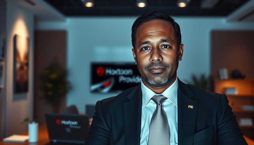 An authoritative and professional-looking 4K Live IPTV reseller with the "Hoxtoon Provider" brand, set against a clean, modern backdrop. The reseller is pictured in a well-lit office space, wearing a suit and tie, with a laptop and branded merchandise visible. The atmosphere conveys a sense of reliability, expertise, and high-quality service. The lighting is soft and directional, accentuating the reseller's confident expression. The camera angle is slightly elevated, lending an air of credibility and authority to the scene.
