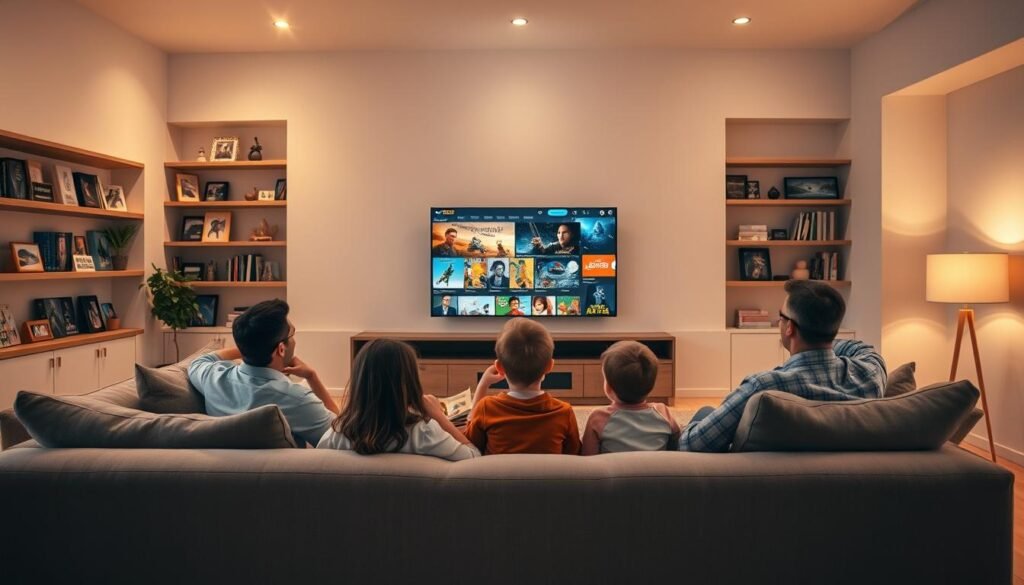 An expansive living room with plush seating, a large flat-screen TV, and shelves showcasing a diverse array of Hoxtoon Provider IPTV content. A family of four - parents, a young child, and an older sibling - are gathered comfortably, engaging with the variety of family-friendly shows, documentaries, and educational programs available on the service. Soft, warm lighting and a cozy atmosphere create a welcoming and inviting scene. The TV display showcases an array of vibrant, 4K-quality thumbnails, hinting at the breadth of content accessible through the Hoxtoon Provider IPTV platform.