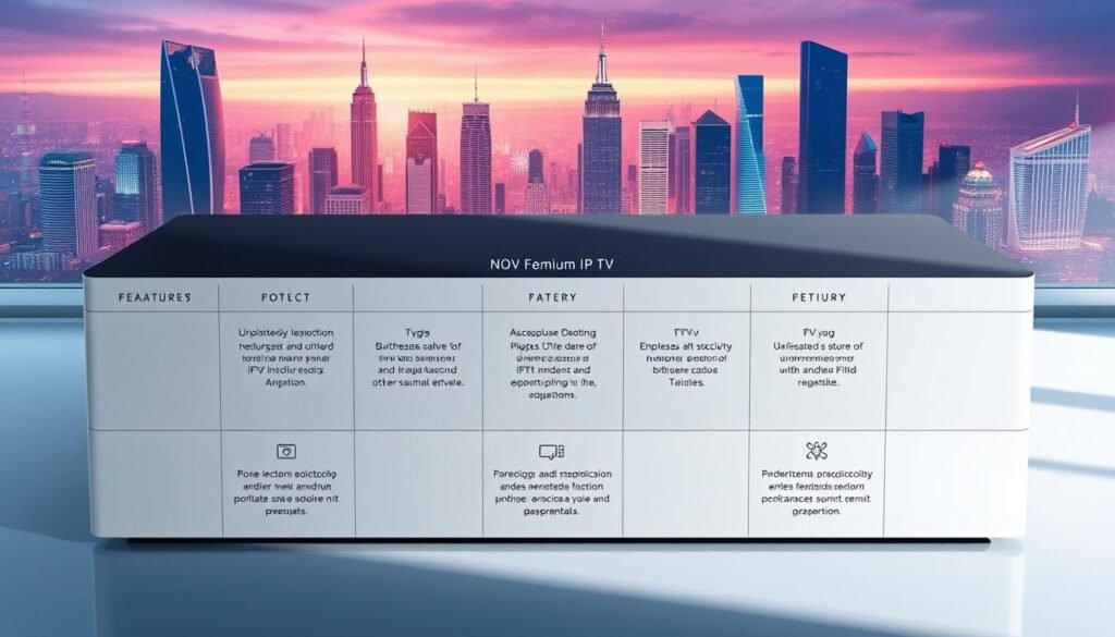 An expansive table displaying the key features of a premium IPTV service, offered by the Hoxtoon Provider. The table occupies the central focus, with a sleek, modern design and clean lines. In the background, a stylized cityscape with towering skyscrapers and a vibrant, neon-infused skyline sets the tone for a technologically advanced, urban setting. Soft, directional lighting casts subtle shadows, adding depth and dimension to the scene. The overall aesthetic conveys a sense of sophistication, reliability, and cutting-edge innovation, perfectly complementing the subject matter.