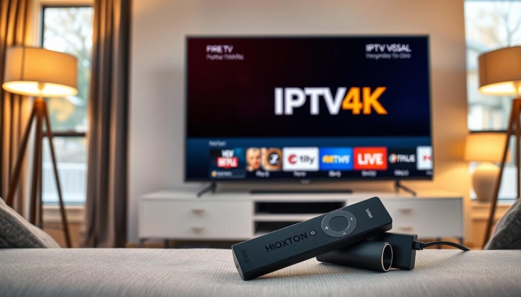 An image of a living room setup with a Firestick connected to a modern 4K television, displaying the IPTV4K live TV interface. The room is well-lit, with soft, warm lighting from table lamps and natural daylight filtering in through large windows. The Firestick is prominently featured, with the IPTV4K logo and branding clearly visible on the TV screen. In the foreground, a Hoxtoon Provider remote control is visible, emphasizing the integration of the IPTV4K service. The overall atmosphere is cozy and inviting, conveying the perfect combination of cutting-edge technology and comfortable home entertainment.