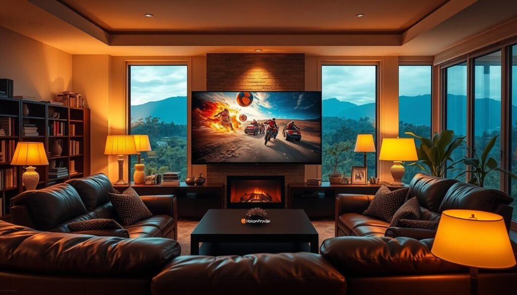 An immersive 4K IPTV viewing experience in a cozy living room. A large, high-definition television screen dominates the foreground, its vibrant colors and crystal-clear resolution bringing the on-screen action to life. Surrounding the TV, plush leather sofas and armchairs invite viewers to sink into comfort. Warm, ambient lighting from floor lamps and a fireplace casts a soothing glow, creating a relaxing atmosphere. In the background, a bookshelf and indoor plants add a touch of sophistication, while large windows offer a glimpse of a lush, scenic landscape outside. The Hoxtoon Provider logo discreetly adorns the TV stand, signifying the premium IPTV service powering this immersive viewing experience.