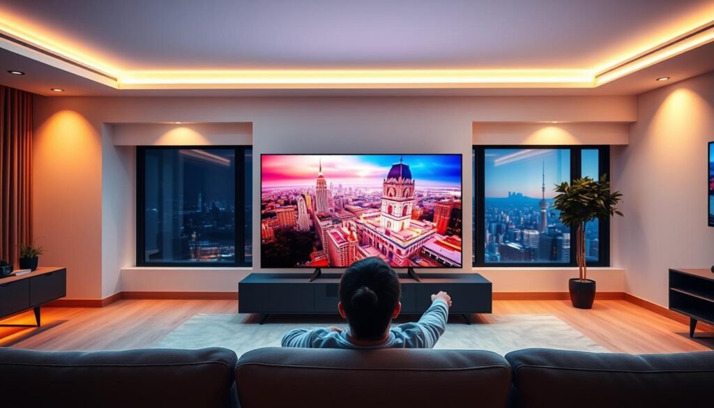 An immersive IPTV4K live demo experience unfolds in a modern, minimalist living room. The space is bathed in warm, diffused lighting, creating a cozy ambiance. In the foreground, a sleek, 4K television displays vibrant, crystal-clear visuals, showcasing the capabilities of the Hoxtoon Provider IPTV service. The middle ground features a stylish, ergonomic couch where a person reclines, engrossed in the captivating live content. The background subtly hints at a panoramic window, overlooking a serene cityscape, further enhancing the sense of immersion. The overall scene conveys a seamless, high-quality IPTV4K live demo experience, inviting the viewer to envision themselves in this immersive and engaging setting.