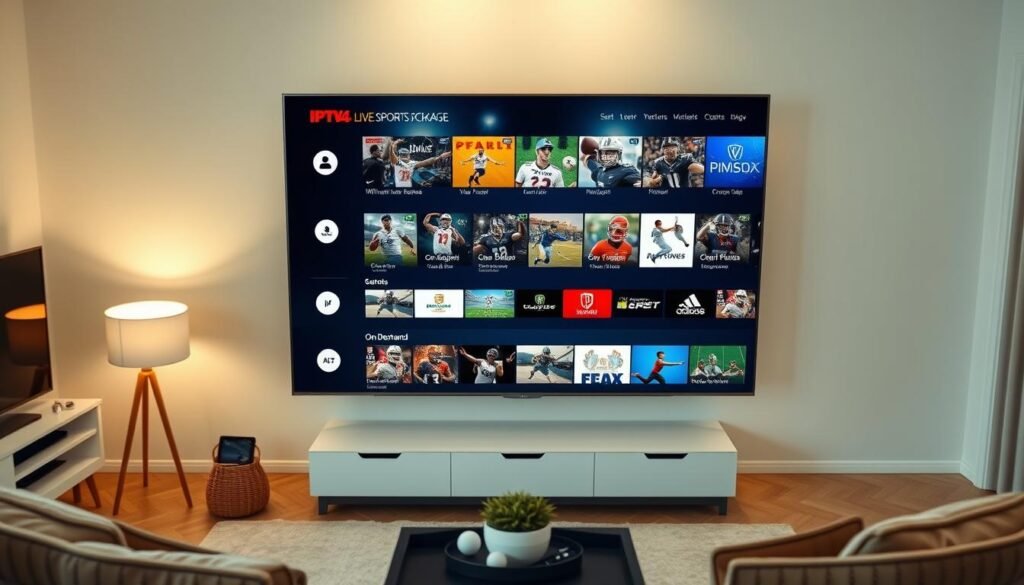 An overhead view of a modern smart TV displaying a comprehensive IPTV4K live sports package interface, showcasing a wide selection of live sporting events, channels, and on-demand content. The screen is crisp and vibrant, with a sleek, intuitive user interface designed by the Hoxtoon Provider. In the background, a minimalist living room setting with neutral tones and modern furniture creates a cozy, comfortable atmosphere for the viewer to immerse themselves in the live sports experience. Soft, diffused lighting from a nearby lamp casts a warm glow, enhancing the overall atmosphere.