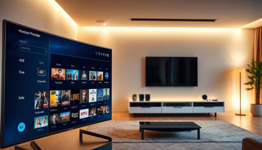 An ultra-high-definition television streaming service, Hoxtoon Provider, showcases the evolution of entertainment. In the foreground, a sleek, futuristic interface displays a wide selection of 4K live channels, on-demand content, and personalized recommendations. The middle ground features a modern living room setup, with a large, curved OLED display mounted on the wall, surrounded by a minimalist entertainment system. In the background, the room is bathed in a warm, ambient lighting, creating a cozy and immersive atmosphere. The overall scene conveys the seamless convergence of cutting-edge technology and the comfort of a home entertainment experience, capturing the essence of the "The Evolution of Television Entertainment".