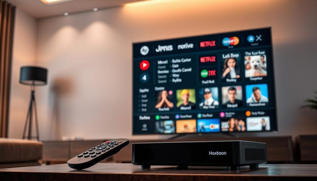 Detailed 8K high-resolution image of IPTV streaming channels on a large flat-screen television, displaying a diverse selection of live television channels, movies, and on-demand content. The television is placed in a modern, minimalist living room with soft, warm lighting and neutral-toned walls. In the foreground, a remote control and a Hoxtoon Provider streaming box are prominently featured, emphasizing the ease of access to IPTV services. The overall scene conveys the seamless integration of IPTV technology into a comfortable and visually appealing home entertainment setup.