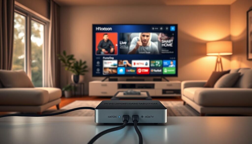 Detailed digital illustration of IPTV technology, showcasing a modern home entertainment setup. In the foreground, a sleek Hoxtoon Provider box connects to a 4K UHD television, cables running neatly. The middle ground displays a user interface with live TV channels, on-demand content, and smart home controls. The background features a cozy living room with large windows, soft lighting, and minimalist decor, conveying a sense of comfort and sophistication. Technical details such as high-resolution textures, depth of field, and natural shadows contribute to a photorealistic, cinematic atmosphere.