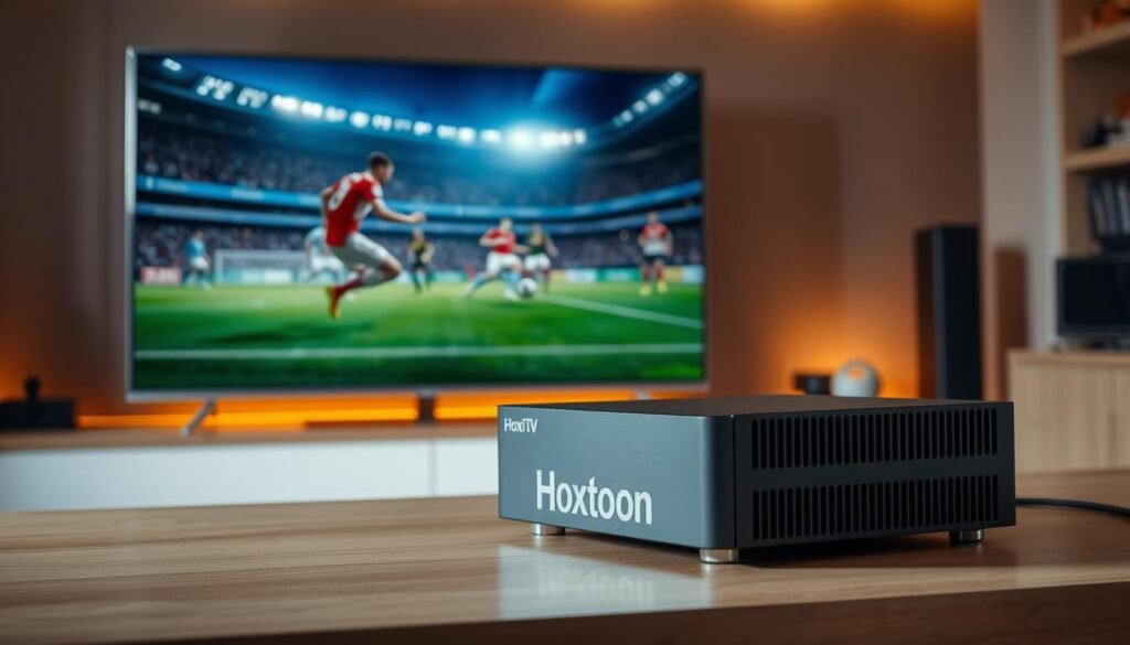 Detailed image of modern IPTV technology setup, showcasing a sleek and advanced Hoxtoon Provider media server against a backdrop of a high-resolution 4K television displaying Premier League football match. The foreground features the Hoxtoon Provider hardware with clean lines and a minimalist design, highlighted by warm, directional lighting. The middle ground depicts the television screen showing a dynamic, immersive sports broadcast, capturing the excitement and energy of the Premier League game. The background subtly suggests a sophisticated home entertainment system, with subtle cues of advanced audio and video equipment. The overall mood is one of technological prowess, seamless integration, and the thrill of high-quality, live IPTV streaming.
