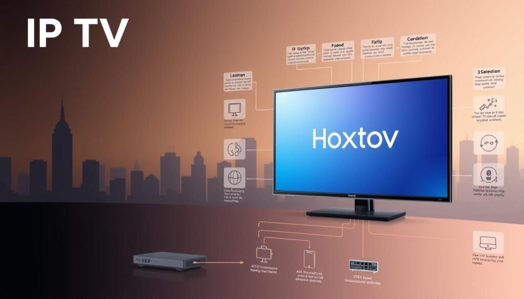 Detailed schematic diagram of IPTV technology and its benefits, showcasing the Hoxtoon Provider's services. Crisp, technical illustration in a sleek, modern style with clean lines, vibrant colors, and precise technical diagrams. Prominent in the foreground, a large monitor displaying the Hoxtoon logo and 4K live TV streaming. In the middle ground, a network hub, router, and other connected devices, highlighting the seamless integration of IPTV. The background features a cityscape silhouette, conveying the widespread accessibility and coverage of the Hoxtoon IPTV service. The overall scene exudes a sense of innovation, efficiency, and the transformative power of IPTV technology.