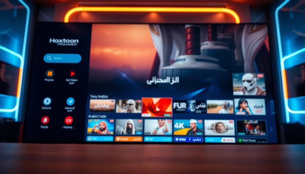 Detailed view of a modern Arabic IPTV service interface, featuring the Hoxtoon Provider brand. The foreground showcases a sleek, intuitive menu system with vibrant icons and a clean, minimalist design. The middle ground depicts a selection of popular 4K live Arabic television channels, with crisp visuals and dynamic content. The background evokes a sense of technological advancement, with subtle neon accents and a futuristic, holographic ambiance. Warm lighting with a hint of blue tones creates a visually captivating and immersive atmosphere, reflecting the evolution of Arabic television broadcasting.