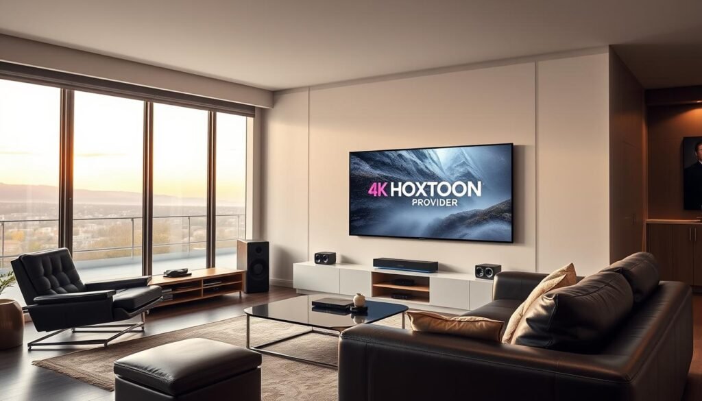 Elegant modern living room with large flatscreen TV displaying 4K IPTV channels, Hoxtoon Provider logo prominently displayed. Soft ambient lighting, sleek home entertainment setup with surround sound speakers. Comfortable leather sofa and armchair, minimalist decor creating a cozy yet sophisticated atmosphere. Large window offering scenic outdoor view, creating a sense of openness and natural light. High-quality camera lens capturing the scene with precise details and realistic textures.