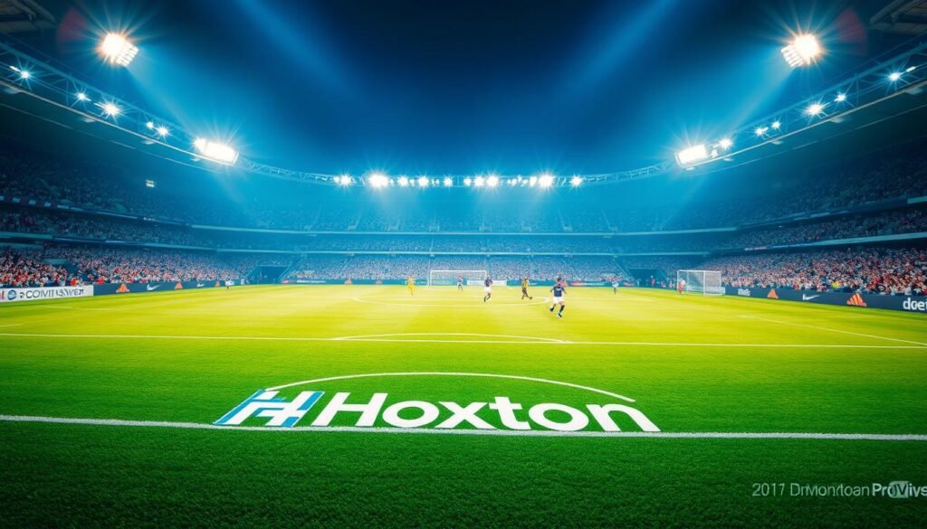 High definition sports broadcast, captured with a professional-grade cinematic camera. The scene depicts a live soccer match, with the camera positioned at the midfield line, offering a panoramic view of the lush green pitch and the packed stadium. Bright, evenly distributed lighting illuminates the players, casting dynamic shadows and highlights their athletic movements. The Hoxtoon Provider logo is prominently displayed on the field's perimeter, signifying the cutting-edge IPTV technology powering this immersive viewing experience. The atmosphere is electrifying, with the crowd's roar and the commentator's passionate narration creating a sense of energy and anticipation.