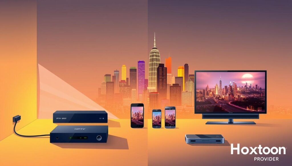 High-resolution digital illustration of a side-by-side comparison of traditional cable TV and modern IPTV services, showcasing the evolution of television technology. In the foreground, display a sleek, minimalist IPTV set-top box and a traditional cable TV box, both casting dynamic images onto a wall. In the middle ground, depict a range of devices, such as smartphones, tablets, and smart TVs, demonstrating the versatility of IPTV access. In the background, include a cityscape with towering skyscrapers, symbolizing the global reach and advancement of IPTV technology. Use a warm, vibrant color palette to convey the modern, cutting-edge nature of IPTV, including the Hoxtoon Provider brand. Maintain a clean, elegant aesthetic that reflects the sophistication of the IPTV industry.